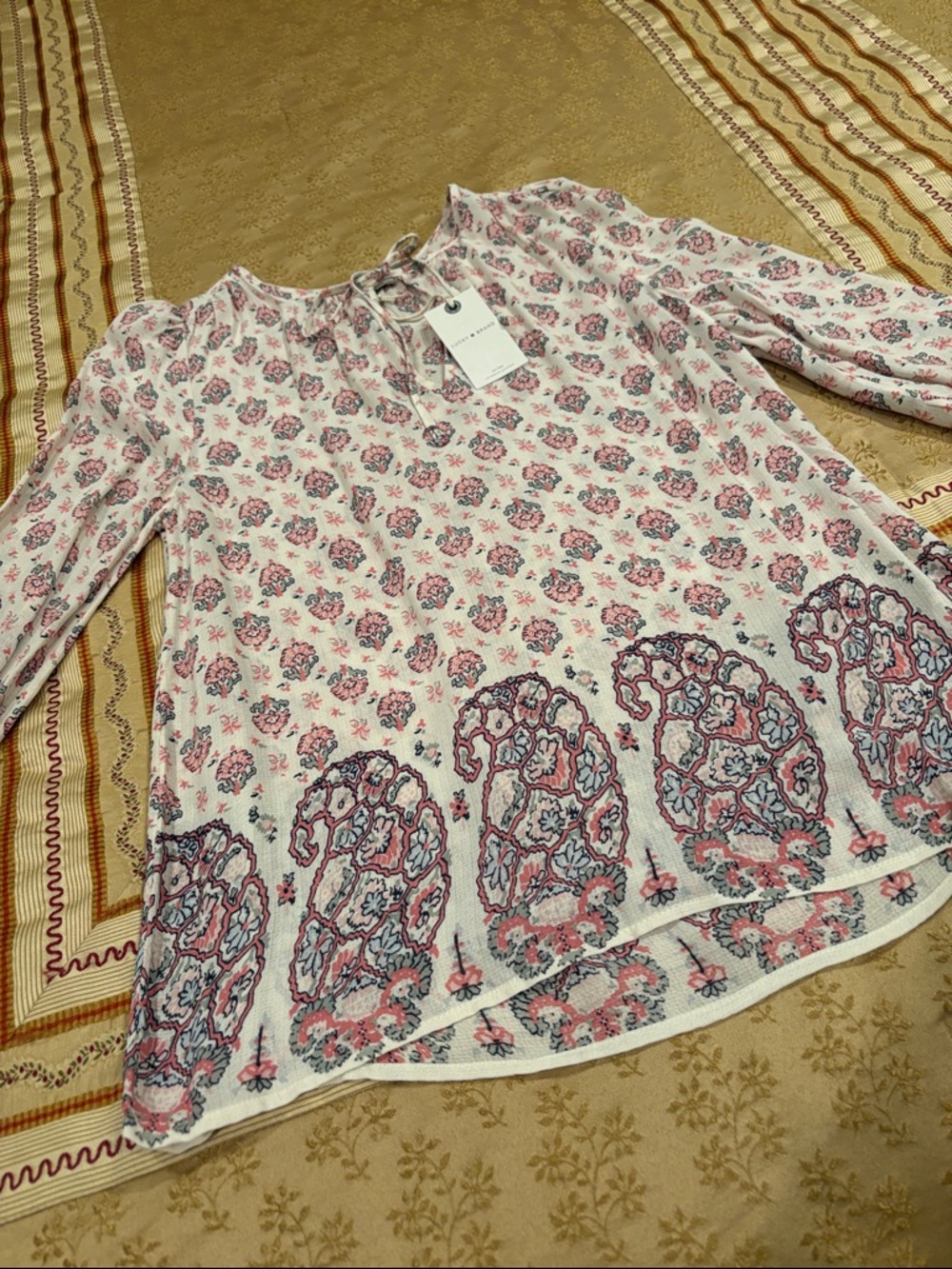 NWT Lucky BOHO Cream/Pink Floral Top  with Border Print, Viscose, Tie Neck, S/P